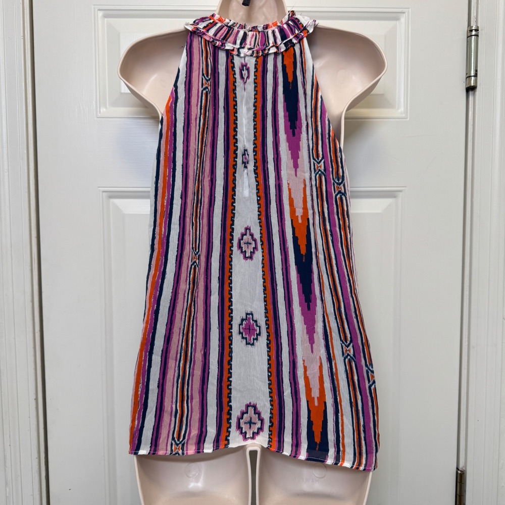 Ramy Brook Womens Silk Halter Top S Multicolor Ruffle Neck Striped Boho Chic - Picture 2 of 7